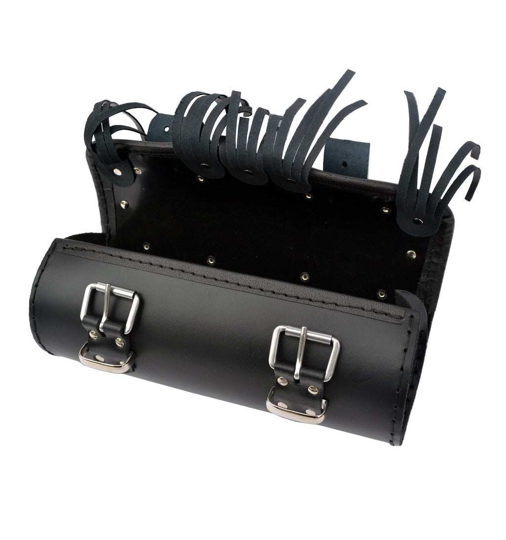 Leather Tool Roll / Saddlebag with Fringes, Motorcycle - Black