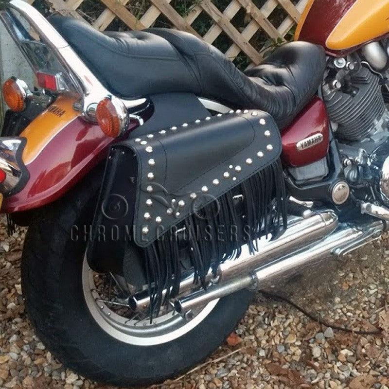 Leather Saddlebags Panniers (pair) - Motorcycle Bags, Handmade Black with Studs and Tassels