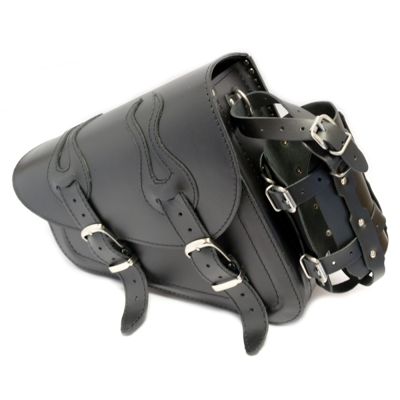 Harley Davidson Sportster - Black Leather Saddlebag with bottle holder - Flame