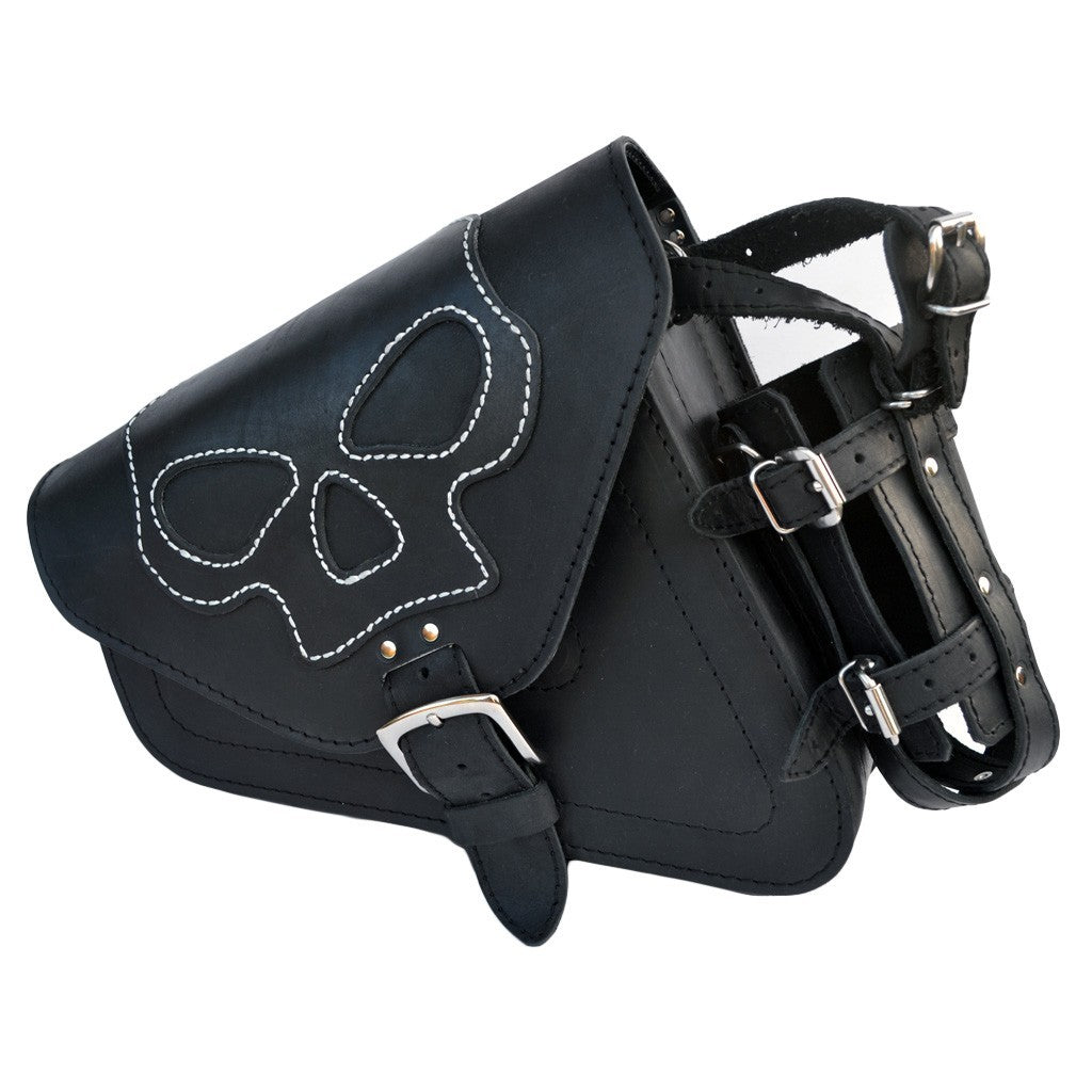 Harley Davidson Sportster Black Leather Saddlebag with Skull emblem and bottle holder