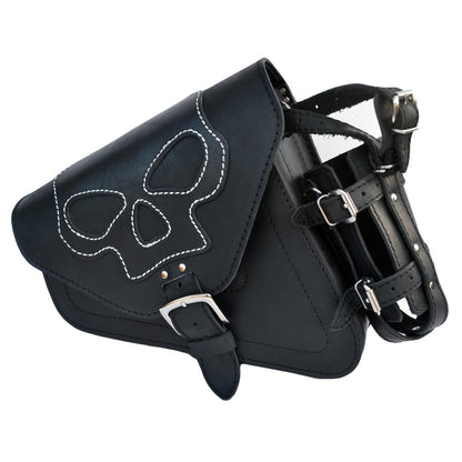 Harley Davidson Sportster Black Leather Saddlebag with Skull emblem and bottle holder