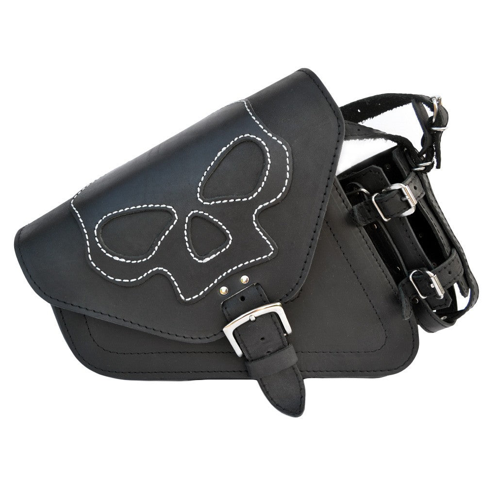 Harley Davidson Sportster Black Leather Saddlebag with Skull emblem and bottle holder