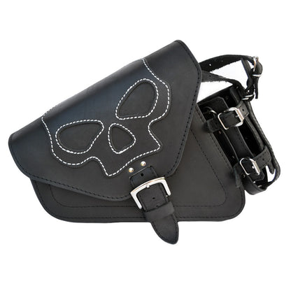 Harley Davidson Sportster Black Leather Saddlebag with Skull emblem and bottle holder