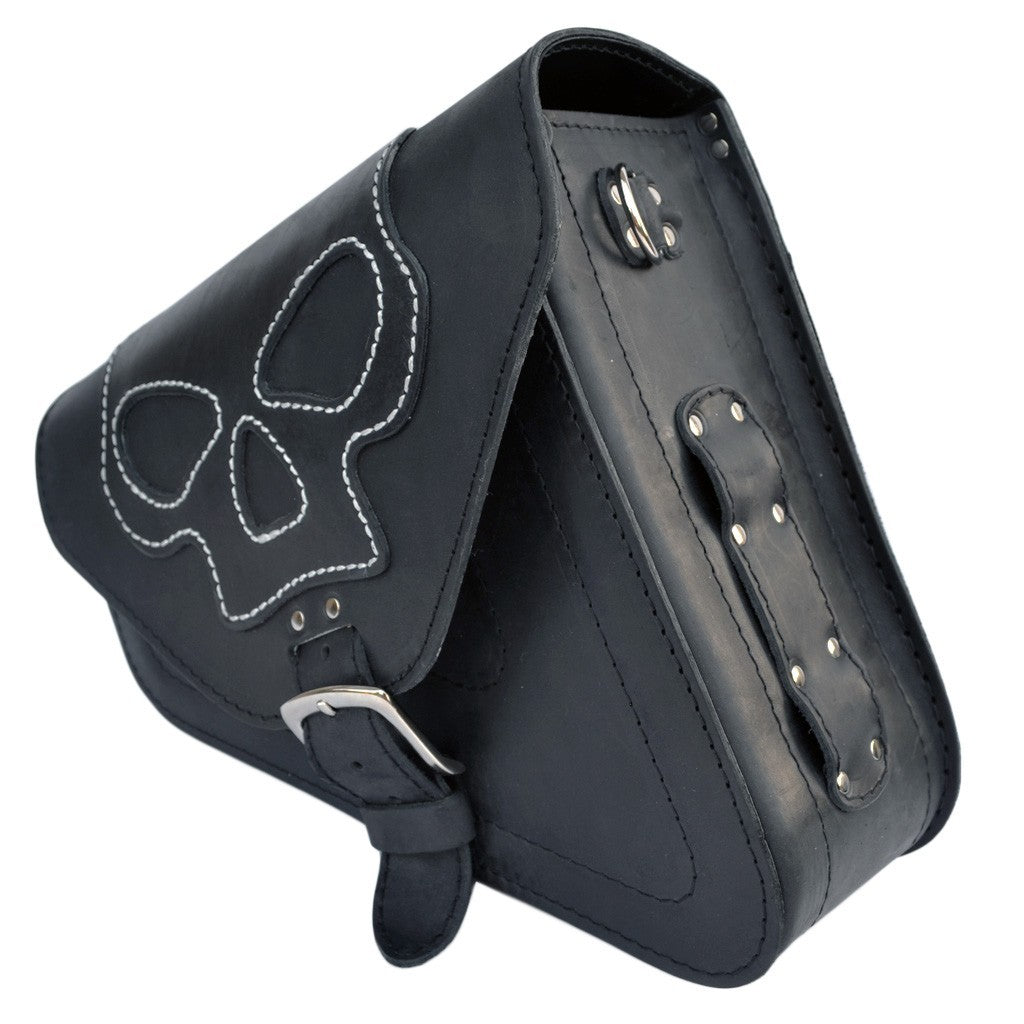 Harley Davidson Sportster Black Leather Saddlebag with Skull emblem and bottle holder