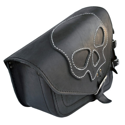 Harley Davidson Sportster Black Leather Saddlebag with Skull emblem and bottle holder