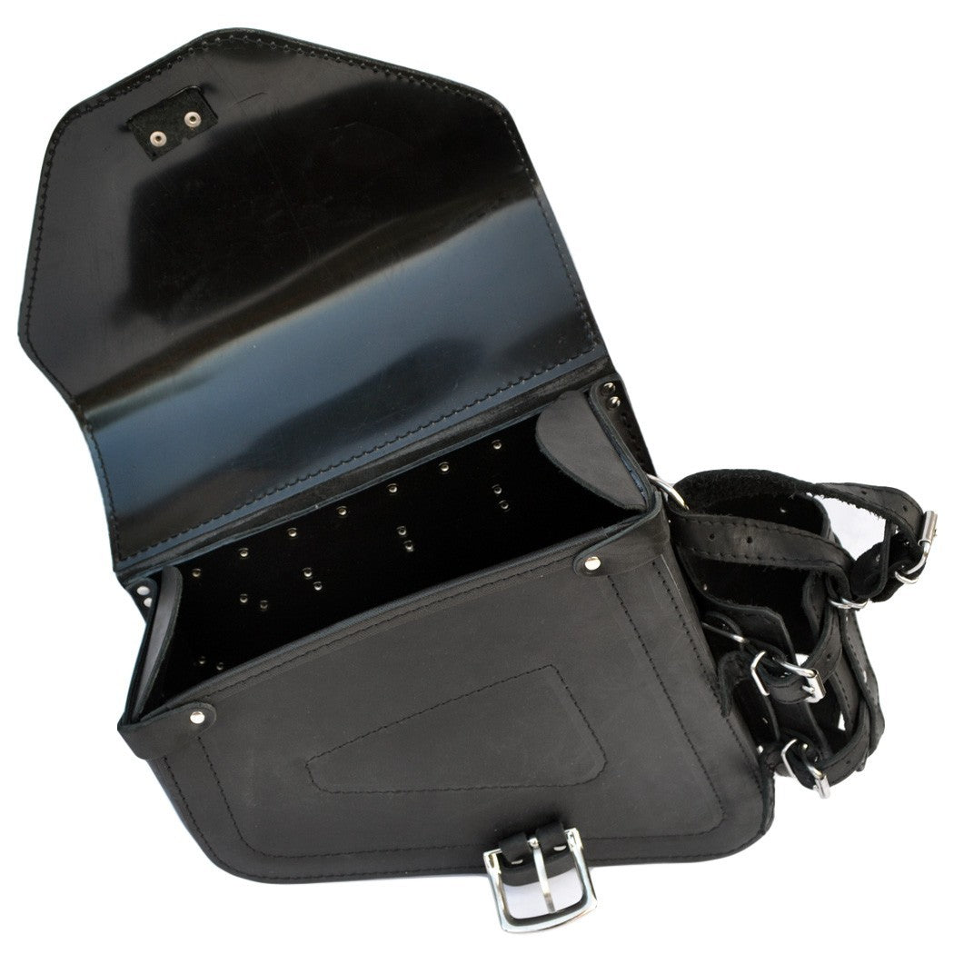 Harley Davidson Sportster Black Leather Saddlebag with Skull emblem and bottle holder