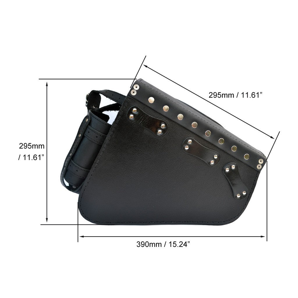 Harley Davidson Sportster Black Leather Saddlebag with Skull emblem and bottle holder