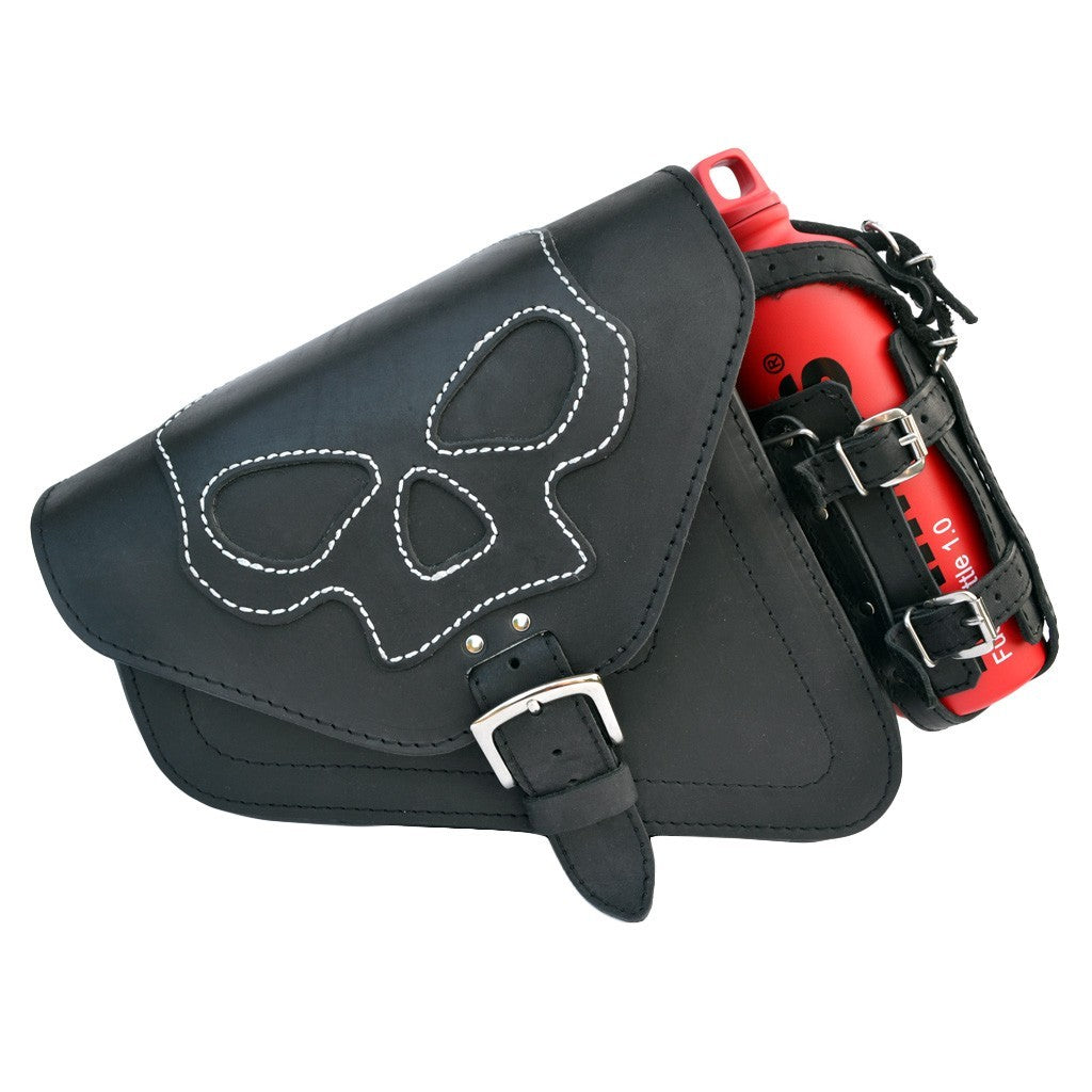 Harley Davidson Sportster Black Leather Saddlebag with Skull emblem and bottle holder