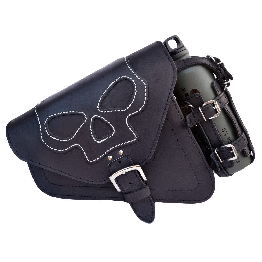 Harley Davidson Sportster Black Leather Saddlebag with Skull emblem and bottle holder