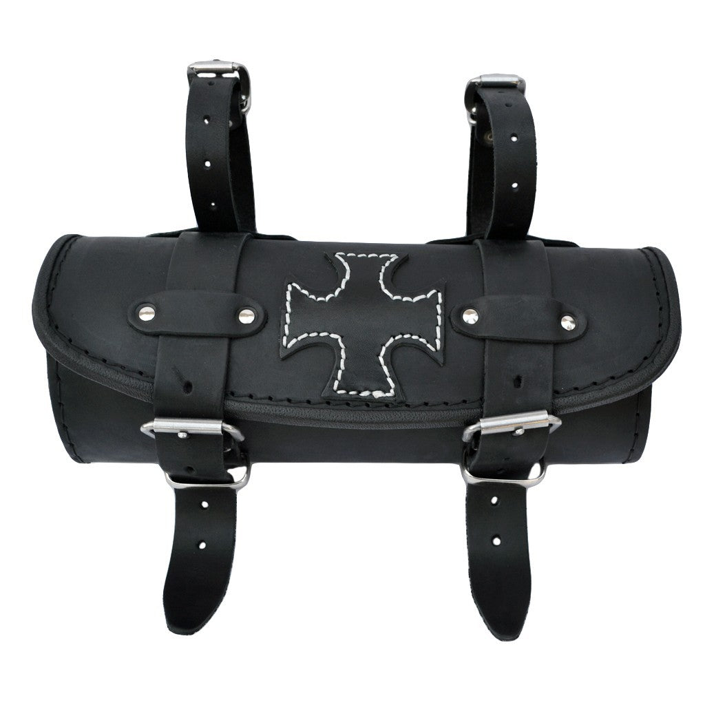 Leather Tool Roll / Saddlebag Motorcycle - Black with Maltese Cross.