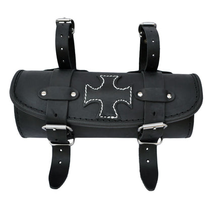 Leather Tool Roll / Saddlebag Motorcycle - Black with Maltese Cross.