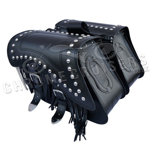 Leather Saddlebags Panniers (pair) - Motorcycle Bags, Handmade Black with Studs and Tassels