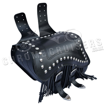 Leather Saddlebags Panniers (pair) - Motorcycle Bags, Handmade Black with Studs and Tassels
