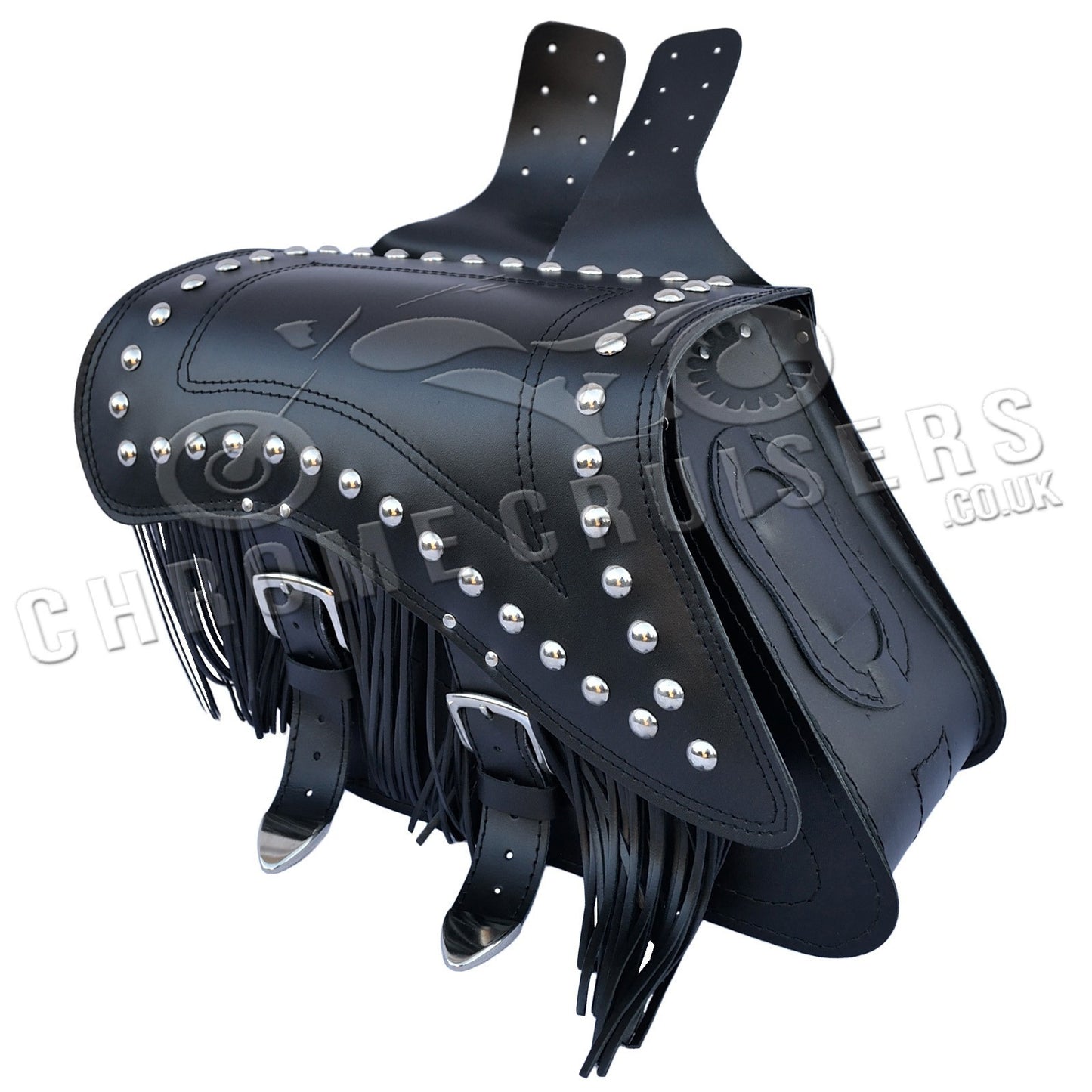 Leather Saddlebags Panniers (pair) - Motorcycle Bags, Handmade Black with Studs and Tassels