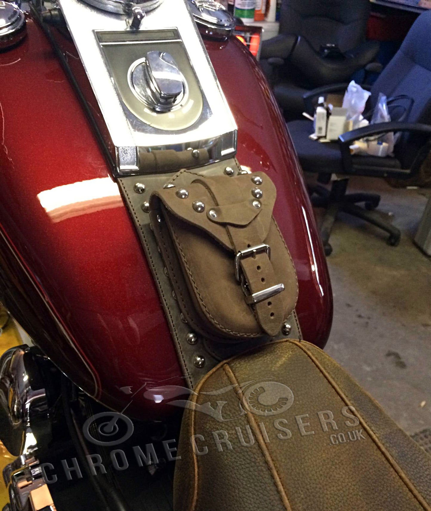 Harley Davidson Softail / Fat Boy Brown Genuine Leather Tank Panel with Pouch - Studded