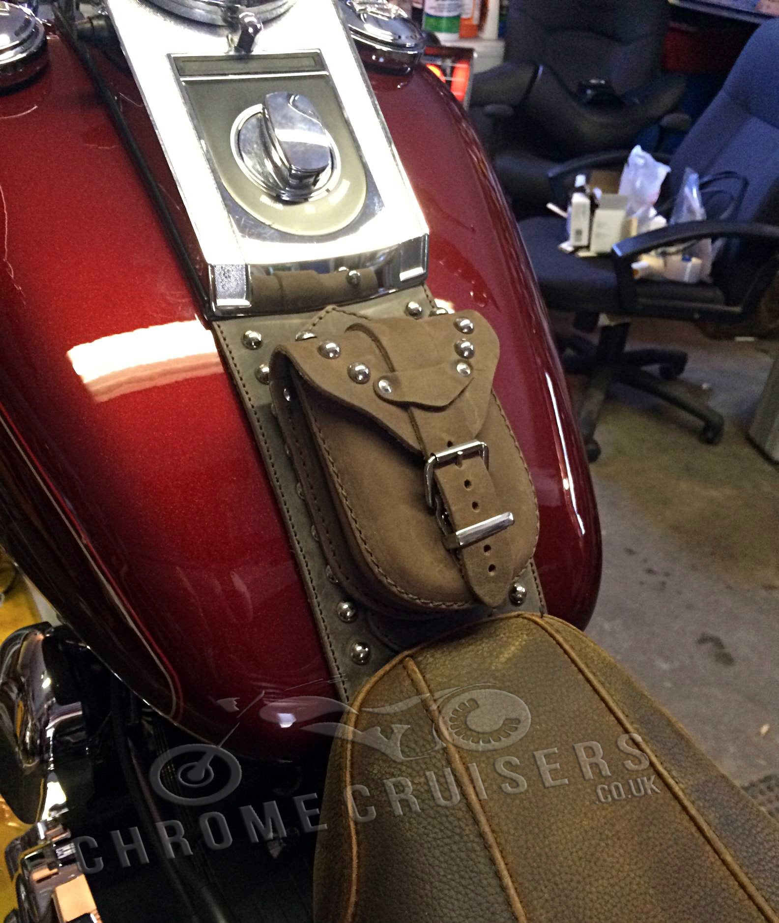 Harley Davidson Softail / Fat Boy Brown Genuine Leather Tank Panel with Pouch - Studded