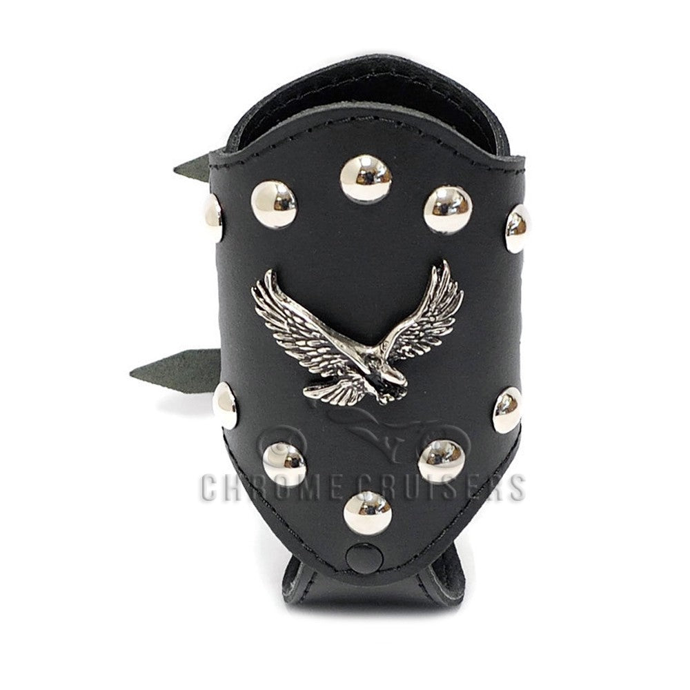 MOTORCYCLE BIKER CUSTOM LEATHER DRINK HOLDER WITH EAGLE EMBLEM / RIVETS