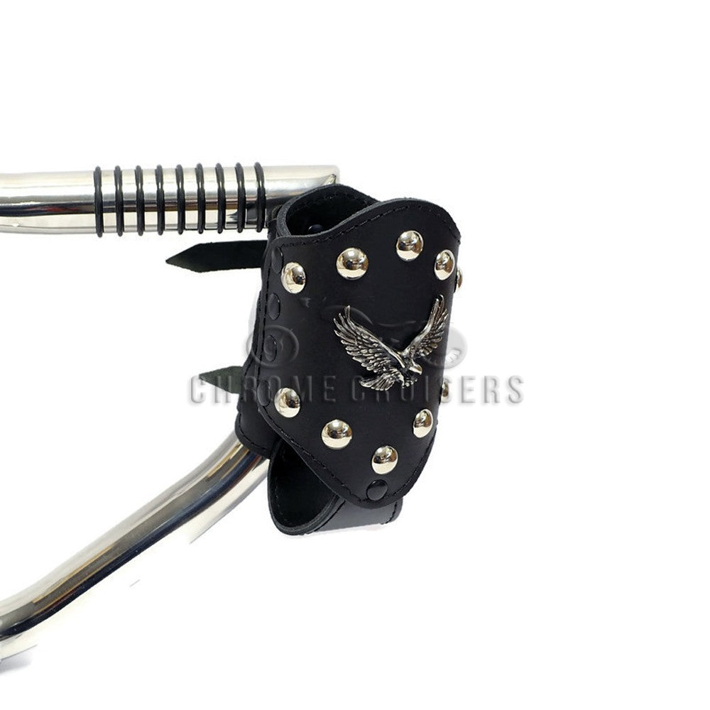 MOTORCYCLE BIKER CUSTOM LEATHER DRINK HOLDER WITH EAGLE EMBLEM / RIVETS