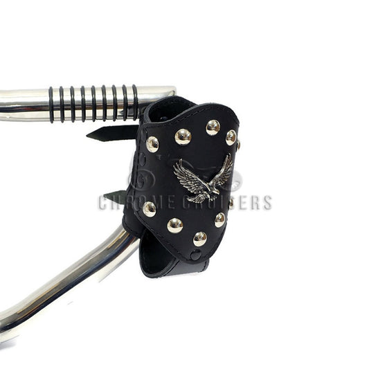 MOTORCYCLE BIKER CUSTOM LEATHER DRINK HOLDER WITH EAGLE EMBLEM / RIVETS