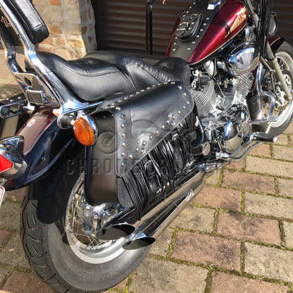 Leather Saddlebags Panniers (pair) - Motorcycle Bags, Handmade Black with Studs and Tassels