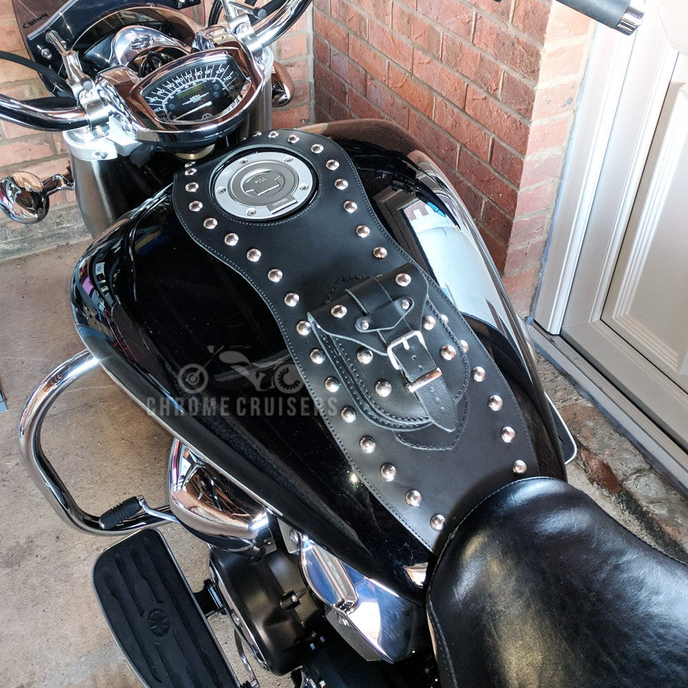 YAMAHA XVS1300 MIDNIGHT STAR / V-STAR LEATHER TANK CHAP/BIB AND POUCH WITH STUDS