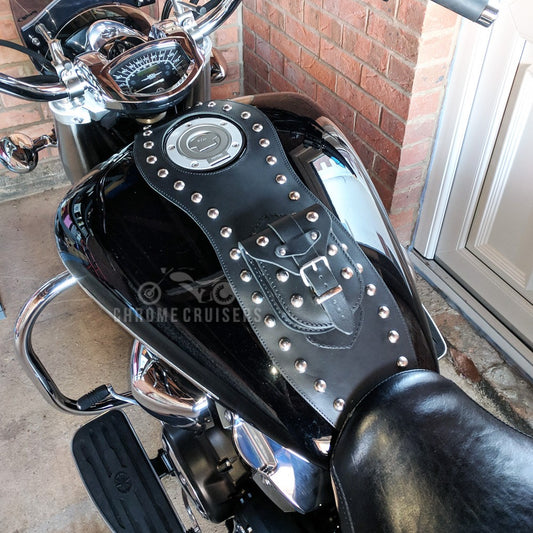 YAMAHA XVS1300 MIDNIGHT STAR / V-STAR LEATHER TANK CHAP/BIB AND POUCH WITH STUDS