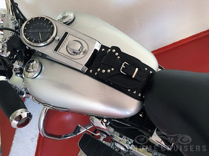Harley Davidson Softail / Fat Boy Black Genuine Leather Tank Panel with Pouch - Studded