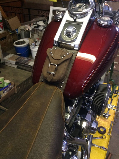 Harley Davidson Softail / Fat Boy Brown Genuine Leather Tank Panel with Pouch - Studded
