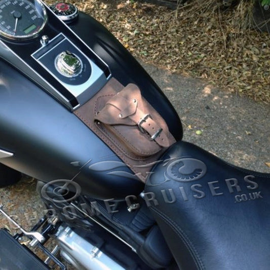 Harley Davidson Softail / Fat Boy Brown Genuine Leather Tank Panel with Pouch - Plain